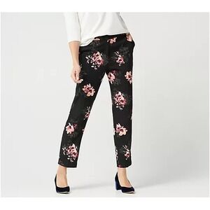 Susan Graver Stretch Woven‎ Zip-Front Ankle Pants-Black/Pink size 2 A350177